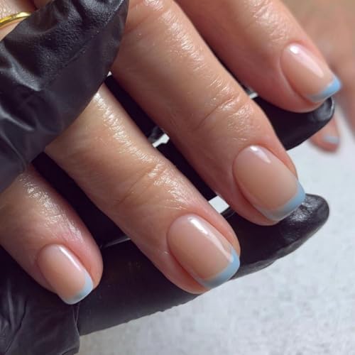Image of Blue French Tip Nail Press ons Short Square Press on Nails Glossy Fake Nails Acrylic Full Cover Glue on Nails Reusable Artificial Finger Nail Nude Stick on Nail for Women Girls Manicure 24PCS