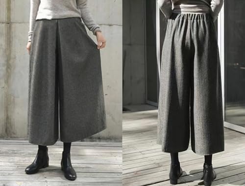 chouyatou Women's Winter Elastic High Waisted Wool Blend Wide Leg Pants Cropped Palazzo Trousers Culottes2