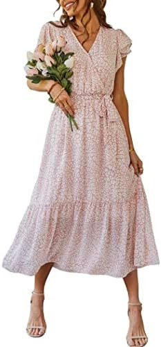 PRETTYGARDEN Women's 2023 Floral Summer Dress Wrap V Neck Short Sleeve Belted Ruffle Hem A-Line Bohemian Maxi Dresses (Pink,Medium)