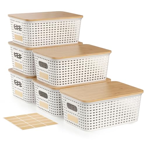 Small Storage Bins with Bamboo Lids, Decorative Plastic Storage Box with Lids, 5QT Stackable Organizing Baskets with Lables for Classroom, Office, Desktop, Closet, Shelf, 10×7.1×4.1 In, White, 6 Pack