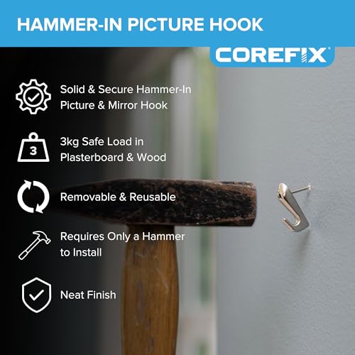 Image of Corefix Barb Wall Hook 4 Pack Universal Hammer-in Picture Hooks, Wall Hooks for Hanging Frames, Mirrors or Canvas into Drywall or Wood. Removable and Reusable Hook with Neat Modern Finish (Silver)