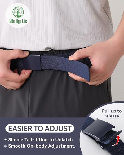 Image of Mile High Life Stretch Canvas Belt for Men, Golf Casual Elastic Web Belt, Top Military Buckle, Adjustable Cut to Fit