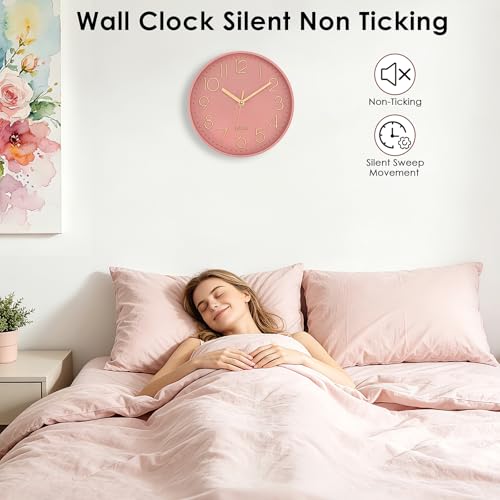 Image of Lumuasky Pink Wall Clock Modern Battery Operated Analog Small Cute Silent Non-Ticking Decorative Clock for School Office Classroom Bedroom Kitchen Living Room Nursery Decor (10 inch)
