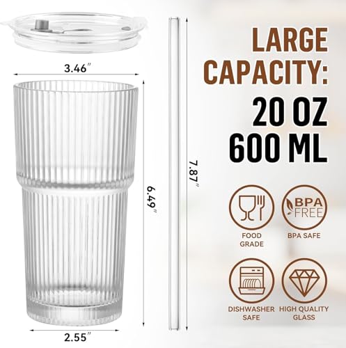 Image of Glass Mug with Bamboo Lid and Straw, 510ml, for Cold Drinks, Smoothies, Coffee(Pack of 1) (Ribbed Glass Mug with Lid)