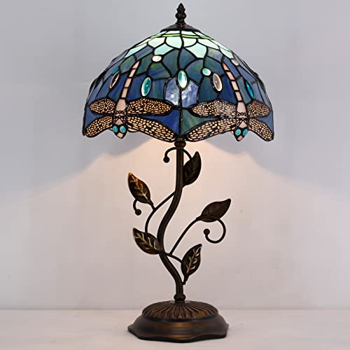 Avivadirect Tiffany Table Lamp, Stained Glass Lamp, Blue Dragonfly Desk Light W12H19 Inch Antique Iron Metal Leaves Bronze Base 1-Light, Memory Sympathy Accent Tiffany Lamps #TOP3