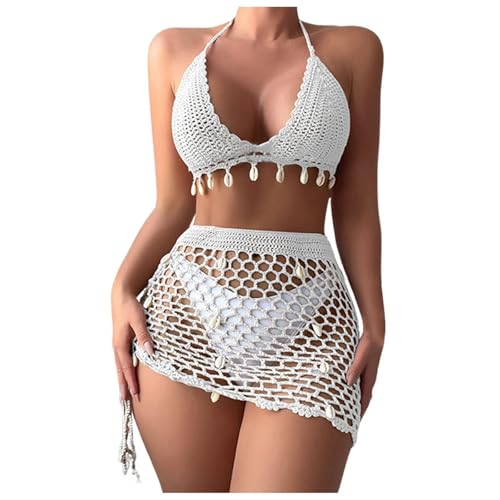 Genérico Conjunto de Bikini de Playa para Mujer Talla Grande con Diseño y Tirantes Recortados (White, S)