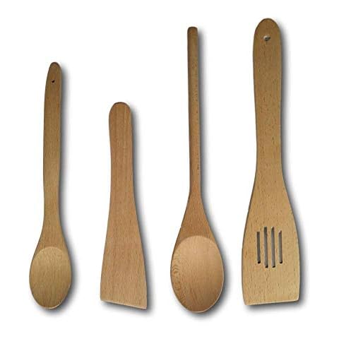 Tianfeng Cooking Style 4 Piece Wooden Kitchen Utensils Set Natural Wood Spoons & Spatulas for Mixing, Stirring, Scooping & Tasting Long Handles, Non-Toxic, Strong & Sturdy Cover