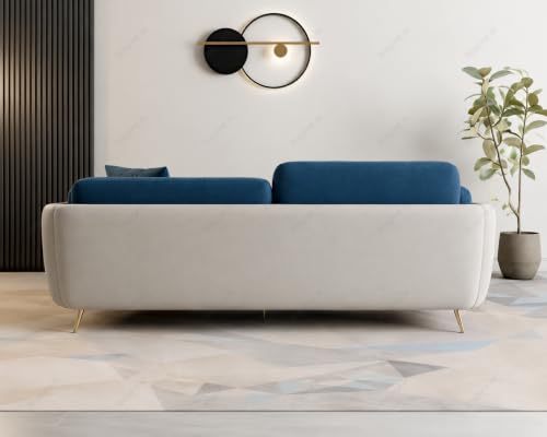 Image of 3 Seater Dual Color Sofa, Velvet Fabric (Blue & Off-White) | Solid wood structure, premium velvet upholstery, sturdy golden legs, ideal for living room seating.