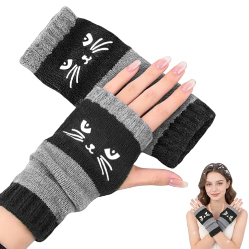 Women’s Knitted Fingerless Gloves with Cat Embroidery,Warm Gloves Fashion Leaky Finger Casual Women's Glove, Cozy Soft Knit Fabric Fingerless Cat Glove for Winter Walk(Black)