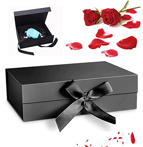 Boite cadeau, Boîtes de cadeau avec couvercles, Boîte-cadeau avec Couvercle Magnétique ​Boîte Cadeau Rectangulaire avec Ruban de Soie, Carrées pour cadeaux, fête, anniversaire, mariage (Le noir)