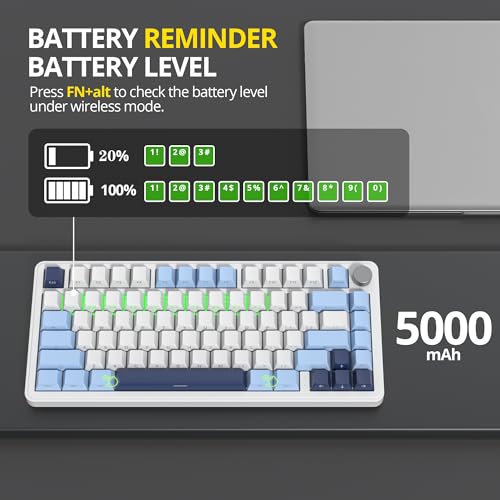 Image of surmen M75 75% Wireless Creamy Keyboard with Gasket, Pre-lubed Triple Mode Bluetooth Mechanical Gaming Keyboard BT5.0 /2.4Ghz /USB with Sound Absorbing Pads Hot-Swap(Sky Blue)