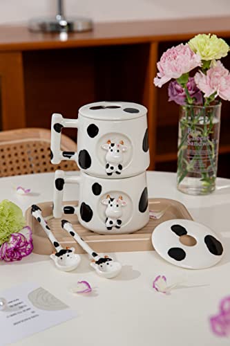 Image of DIHOclub Adorable 3D Ceramic Cow Mug with Lid and Spoon - Perfect for Coffee, Tea, Milk, and More - Ideal Gift for Animal Lovers Gift for Mather- 14 Ounces(BLack white)