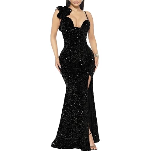 JEKE-DG Women's Sequin Sparkly Slim Fit Cocktail Party Dress Elegant High Slit Maxi Dress Backless Bodycon Dresses (Black,X-Large)
