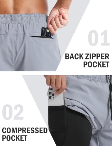 Aolesy Men’s 2 in 1 Running Shorts 7 Inch Quick Dry Workout Gym Shorts with Pockets Tennis Training Athletic Shorts with Liner for Men Light Grey