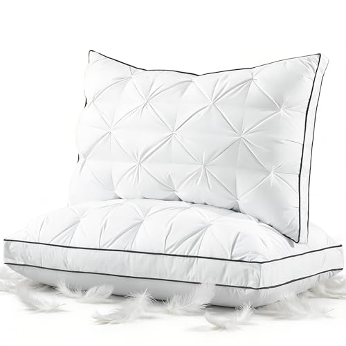 KUSNUG Premium Hybrid Goose Feather Down Pillows Queen Size Set of 2 with 100% Organic Cotton Cover Hotel Collection Bed Pillows for Sleeping White Fluffy Soft Gusseted Pillows (18x28+2 Gusset)