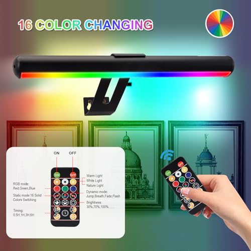 Image of Picture Light, Battery Operated Picture Light with Remote, Rechargeable Picture Frame Light, 32 LED, 16 Color Changing, Art Light for Paintings for Display, Picture-Black