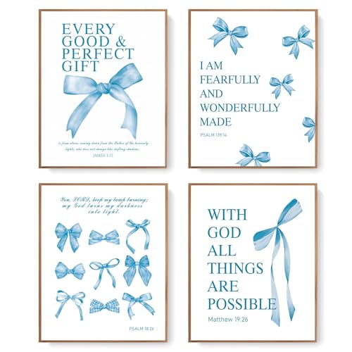 Image of LARTSFRO Coquette Blue Bow Bible Wall Art Decor Poster, Blue Bow Bathroom Decor, Aesthetic Teen Girl Living Room Bathroom Decor, Trendy Gifts for Women Teens Teen Girls, 10x8 Inch Set of 4 Unframed