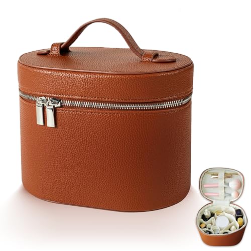JOVOLIFE Makeup Case Large Capacity Leather Makeup Bag with Removable Washable Compartment Portable Waterproof Leather Cosmetic Case Multi-functional Travel Organizer Brown