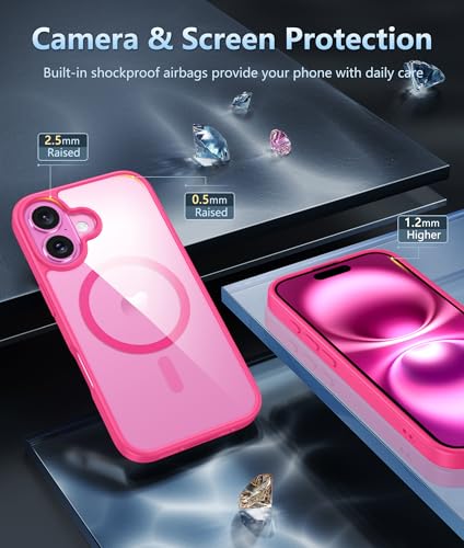 Image of FNTCASE for iPhone 16 Case Clear: Magnetic Phone Cases Compatible with Magsafe Slim Anti Yellowing Military Grade Drop Protection Rugged Protective Transparent Cell Cover (B-Hot Pink Magnetic)