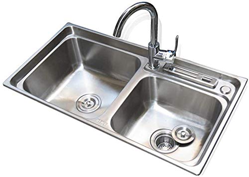 Unterbau Küchenspüle Edelstahl Doppelschüssel Spüle Kommerzielle Spüle & Wasserhahn Kombination mit Zubehör, glatt langlebig (800x430x230mm)