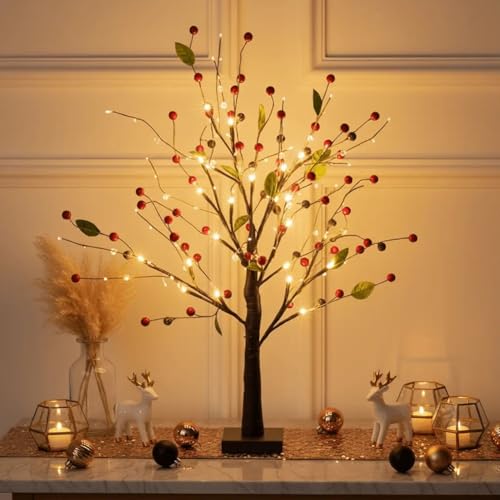 Red Berry Blossom Tree Lighted Mini Birch Tree Artificial Christmas Decor Battery Operated Warm...