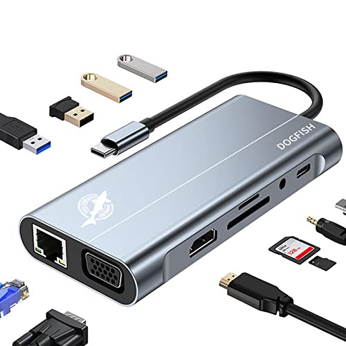 Dogfish USB C Docking station, 11 in 1 Triple Display Typ C Adapter mit RJ45 Ethernet, 4K HDMI, VGA, PD Aufladung, USB 3.0 & USB 2.0, SD/TF Kartenleser, 3,5 mm Audio, Multiport Adapter für MacBook Pro