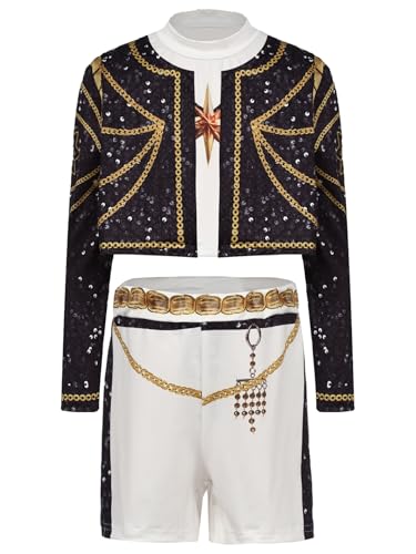 Sxiwei Kids Girls 3Pcs Long Sleeve Outerwear and Vest with Bottoms Concert Popular Singer Fashion Print Outfits Type B 8-9 Years3