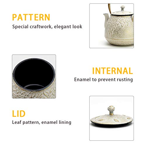 Cast Iron Tea Kettle, TOPTIER Japanese Cast Iron Tea Kettle with Infuser, Cast Iron Teapot Stovetop Safe, Leaf Design Tea Kettle Coated with Enameled Interior for 32 Ounce (950 ml), Warm Beige - Thumbnail 7