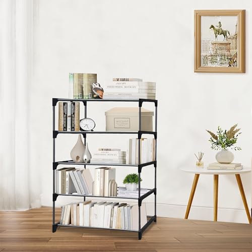 Image of 5 Tier Metal Book Shelf Tall Narrow Storage Rack for Kids and Adults Modern Bookshelf Unit for Nursery, School, Home, and Office, Floor Mount Open, Black