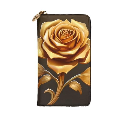 Gold Rose Picture Leather Long Clutch Wallet for Fashionable Girls and Women - Durable, Stylish, and Functional, Black, One Size2
