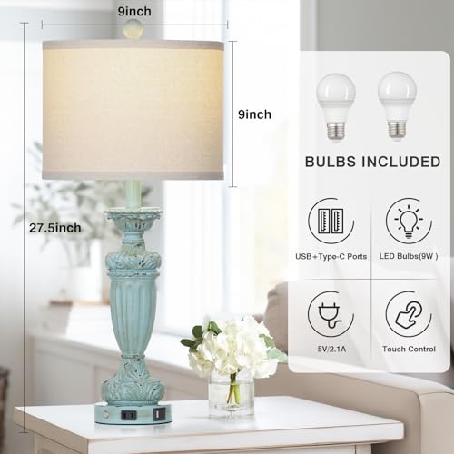 Rinweey 27.5 Inch Farmhouse Resin Table Lamps Set Of 2 For Living Room 3-Way Dimmable Table Lamp With Usb C+A Ports,Light Blue Desk Lamps,Traditional Bedside Lamps Use For Bedroom Nightstand thumb #2