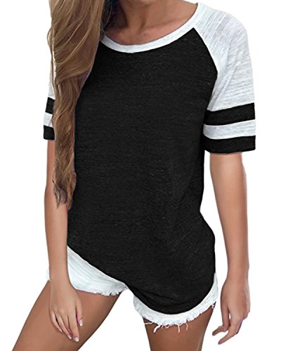 SUNNYME Wome's Baseball Tees Short Sleeves Shirts Crew Neck Striped Tunics Blouses Tops