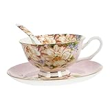 GALPADA Porcelaine Limoges avec Tasse Soucoupe et Cuillère Motif Camélia Ensemble Robuste pour Maison et Cafés
