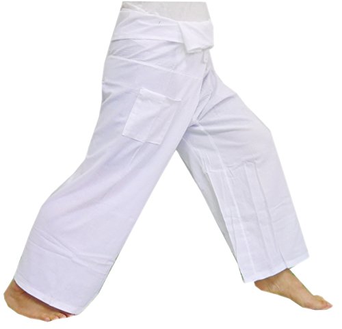 (Striped - White).!!. Thai Fisherman Pants Cotton 100% Traditional Tailoring Style Yoga Pants , Relax Pants , One Size