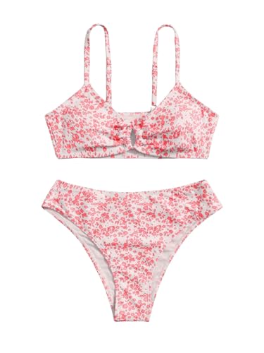 COZYEASE Girls' 2 Piece Ditsy Floral Print Knot Front Ruched Triangle Bikini Swimsuit Floral Pink 14Y