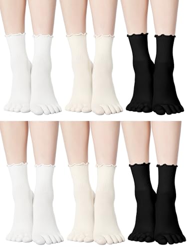 Image of Fourluoo 6 Pair Women Toe Socks Cotton Cute Ruffle Crew Socks with Separated Toes Five Ankle Socks for Women Men Athletic