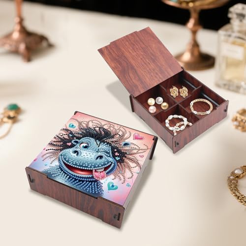 Image of DIY Diamond Painting Storage Box, Hippo Design Wooden Diamond Art Organizer with Flip-Top Lid and 4 Divided Compartments, Desktop Craft and Jewelry Storage Basket for Jewelry, Art and Craft Storage