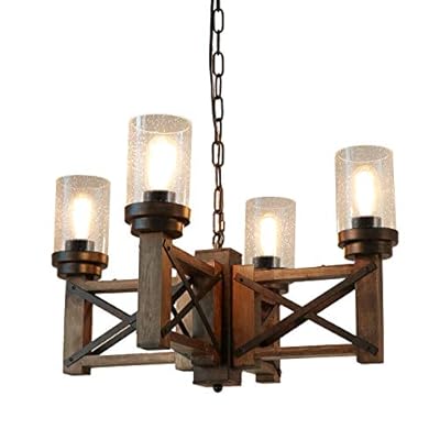 Eumyviv Wood Farmhouse Rustic Chandelier 4 Lights with Glass Shades, 22.8 inches Industrial Dinning Table Pendant Lamp Vintage Edison Hanging Light Fixture, Brown & Black, C0075