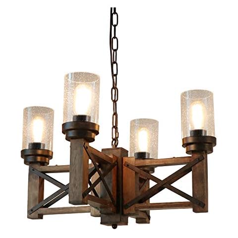 Eumyviv Wood Farmhouse Rustic Chandelier 4 Lights with Glass Shades, 22.8 inches Industrial Dinning Table Pendant Lamp Vintage Edison Hanging Light Fixture, Brown & Black, C0075 Cover