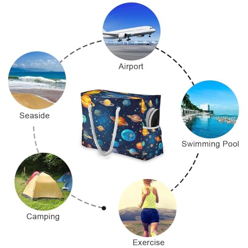 Galaxy Planets Beach Bag & Travel Tote Bag Large Sandproof with Zipper Closure, Wet Pouch for Swim Gym Travel4