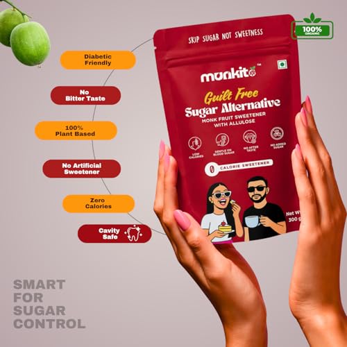 Image of Munkito Monk Fruit Sweetner Powder with Allulose 300g | Without Erythritol | 1:1 Sugar Replacement | Zero Glycemic Index | Keto & Diabetic Friendly Low Carb Monkfruit Sweetener for Tea, Coffee & Baking