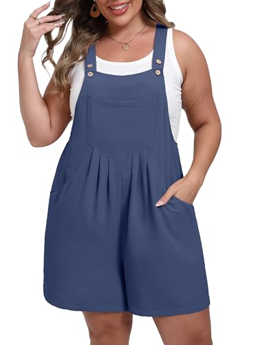 OLRIK Plus Size Romper Casual Jumpsuit Loose Fit Overall for Curvy Women 2026 Summer Beach Cover Up Denim Blue-3X