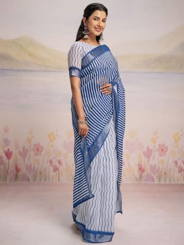 Image of Satrani Women's Linen Printed Ready To Wear Saree with Unstitched Blouse Piece