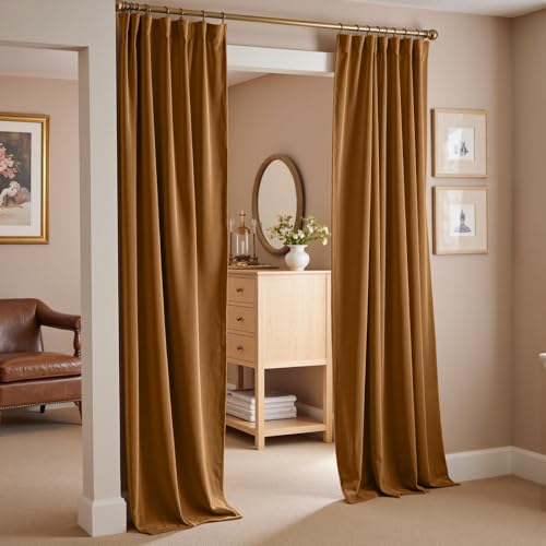 Image of Extra Long Golden Brown Curtains Back Tab 52x108 Inch 2 Panels | Blackout, Lined, Soft, For Tall Windows & High Ceilings, Light Shifting Texture, Elegant Luxury Drape, Rich, Rod Pocket