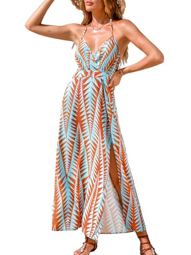 Image of CUPSHE Women Halter Backless Summer Dresses Spaghetti Strap Side Slit Casual Beach Sundress Holiday Vacation Maxi Dress