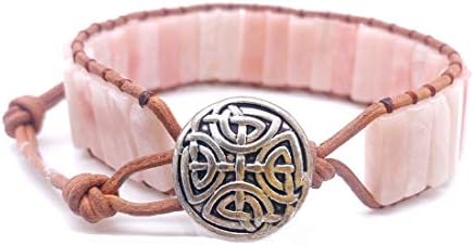 YGLINE Handmade Natural Pink Opal Stone Leather Wrap Bracelet(Pink Opal)