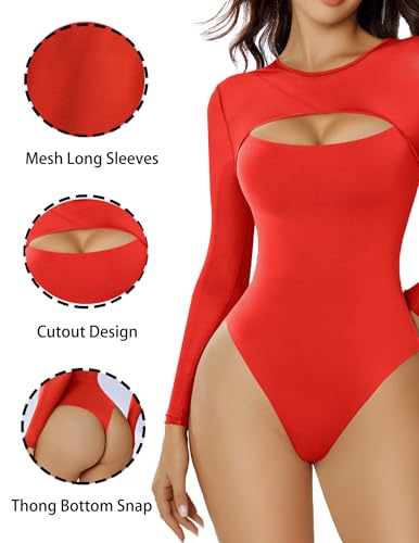 Image of Avidlove Bodysuits for Women Round Neck Long Sleeve Mesh Bodysuit | Sexy Sheer Top Double Lined Shapewear Cutout Shirt
