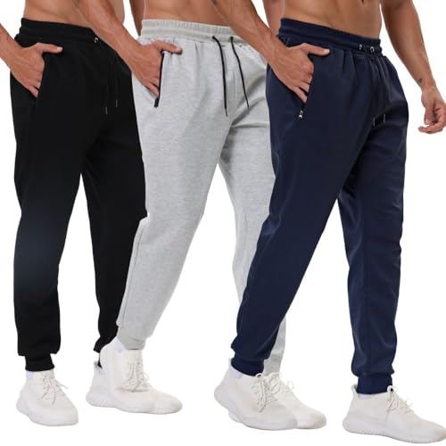 3 Pack Mens Athletic Sweatpants with Zip Pockets,Workout Gym Sweat Pants for Men Running Jogging Pants