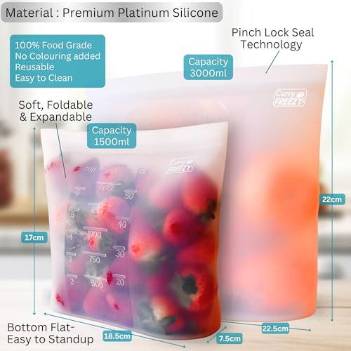 Image of Reusable Silicone Food Storage Bag Container, Ziplock Fridge /freezer pouch, zipper bag Keep Your Food Fresh for Vegetable, Fruit, Liquid, Sous Vide, Sandwich Snack or lunch Bag 3000ML-WH