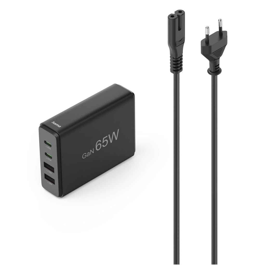 Hama stacja ładująca ładowarka GaN 65W (2x USB-C, 2x USB-A, PD 3.0, QC 3.0, ładowanie 4 urządzeń jednocześnie, inteligentna ochrona, kompaktowa, uniwersalna, do laptopa, smartfona, smartwatcha)